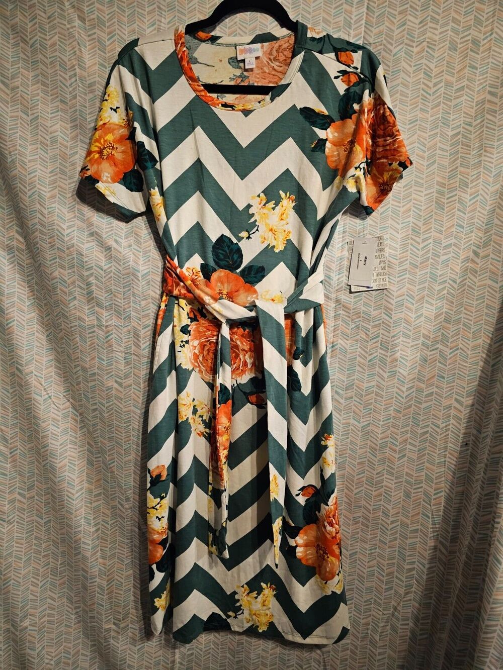 *Unicorn* NWT Marly Lularoe Dress White/Green Chevron Coral Roses Belt Sx Large